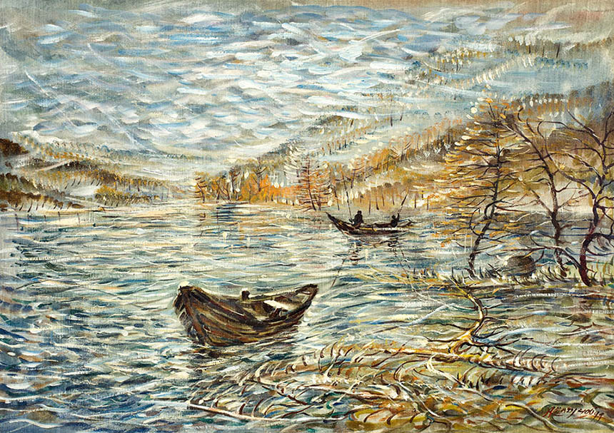 Alexander Sheltunov. A Solitary Boat. 1999. Oil on canvas. 48 × 68