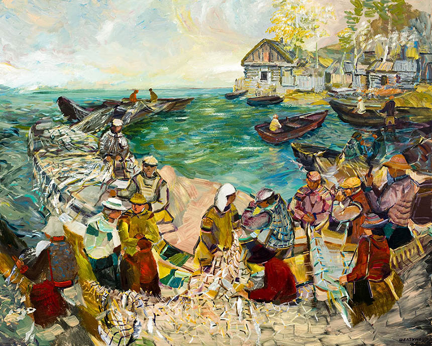 Alexander Sheltunov. Fishing Season. 2004. Oil on wood particle board. 130 × 162