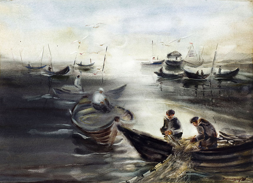Alexander Sheltunov. Fishing Nets Mending. 1984. Paper, watercolour. 54 × 75