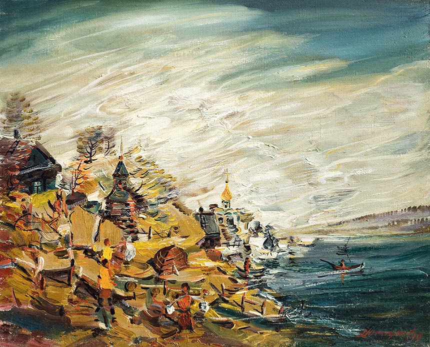 Alexander Sheltunov. On the Bank. 1999. Oil on canvas. 40 × 49
