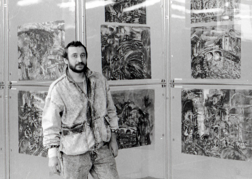 Alexander Sheltunov at the personal exhibition. Poland. Zielona Gora. 1988