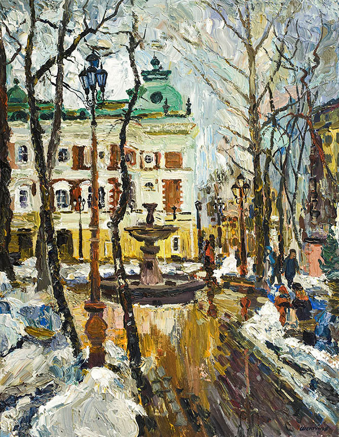 Alexander Sheltunov. Theatrical Small Yard. 2007. Oil on canvas. 90 × 70