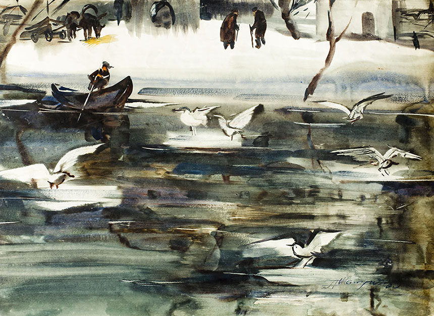 Alexander Sheltunov. Ice Drift. 1980. Paper, watercolour. 51 × 70