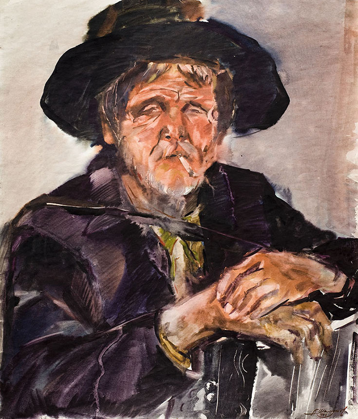 Alexander Sheltunov. Nil Semenovitch the Old Man with the Accordion. 1978. Paper, watercolour. 60 × 49