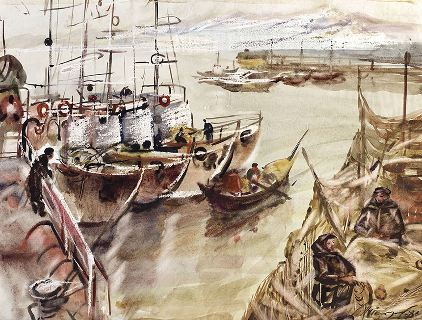 亚历山大•舍尔图诺夫 在码头 1984 水彩纸 47 × 62