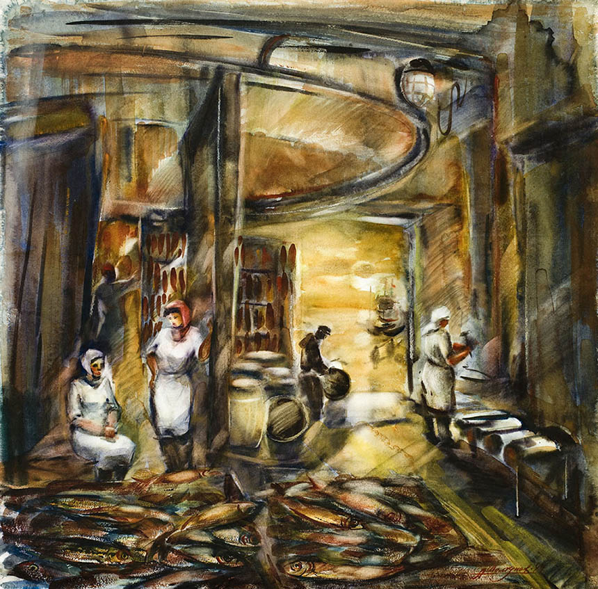 亚历山大•舍尔图诺夫 在渔业工厂 1984 水彩纸 63 × 64