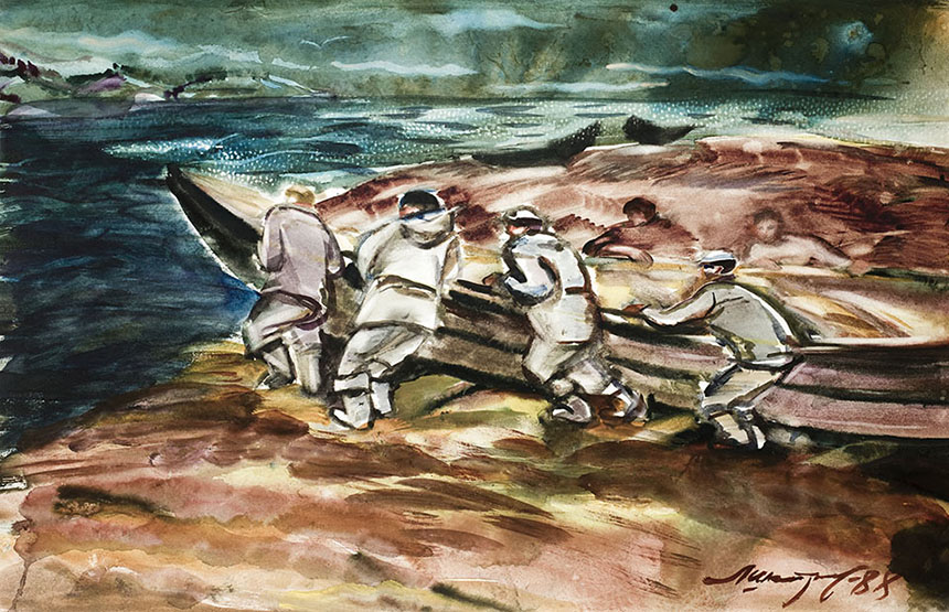 亚历山大•舍尔图诺夫 贝加尔湖船漂流 1988 水彩纸 42 × 65