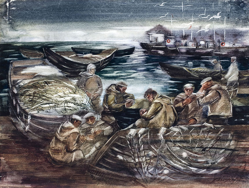 亚历山大•舍尔图诺夫 贝加尔湖渔民 1984 水彩纸 56 × 74