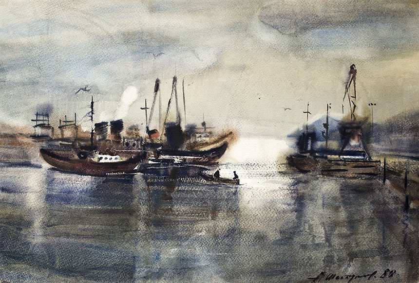 亚历山大•舍尔图诺夫 贝加尔湖港 1980 水彩纸 44 × 65