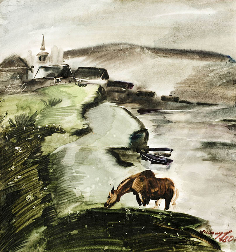 亚历山大·舍尔图诺夫 在白河 1980 水彩纸 48 × 45