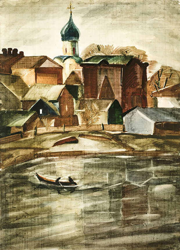 Александр Шелтунов. Тишина на Волхове. 1977. Бумага, акварель. 59 × 42